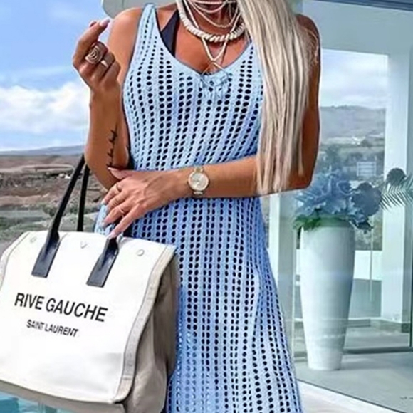 Blue Openwork Slit Cutout Wide Strap Dress - Picture 2 of 9